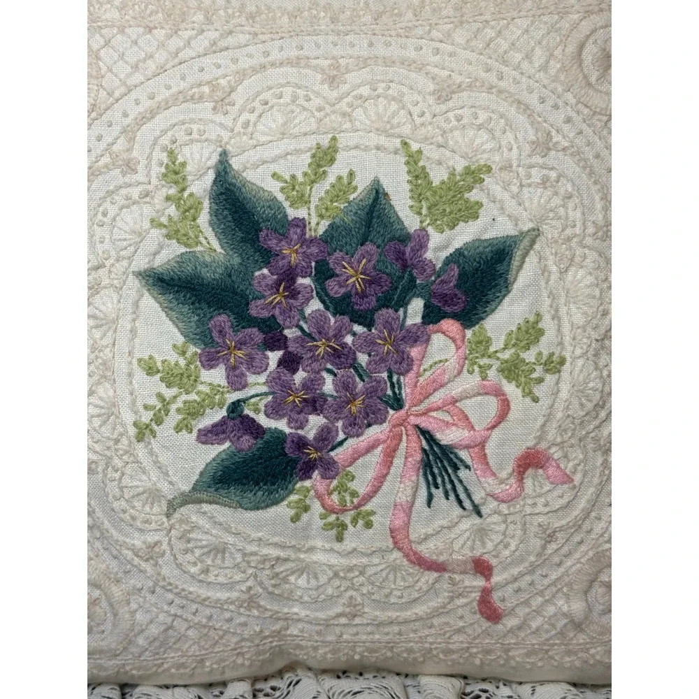 Vintage Embroidered Violet Bouquet Lace Ruffle Throw Pillow Cottage Shabby Chic